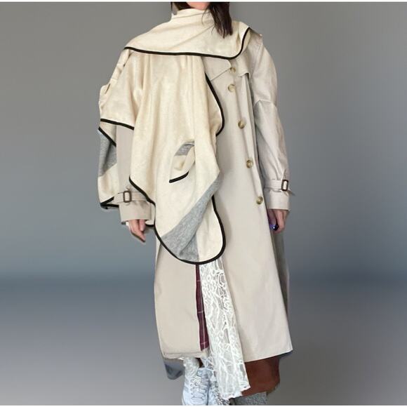 Beige Vintage Puff Sleeve Trench Coat Cape Wool Scarf Included Size XL - Picture 1 of 16